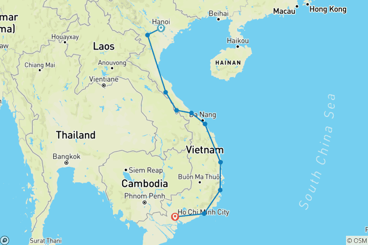 Map of Top Gear Vietnam Motorbike Tour from Hanoi to Saigon on Chi Minh Trail