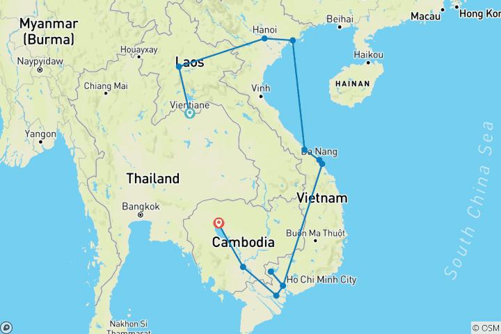 Map of Indochina Heritage Tour to Laos, Vietnam and Cambodia