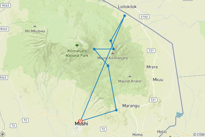 Carte du circuit Ascension du Kilimandjaro - Route de Rongai 6 jours 5 nuits