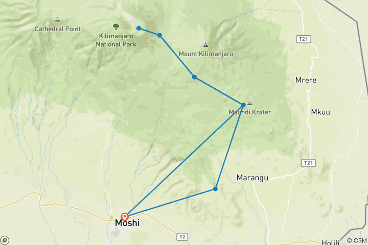 Map of Kilimanjaro Climb -Marangu Route 5 Days 4 Nights