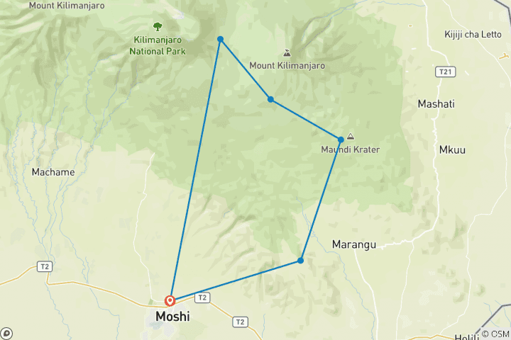 Map of Kilimanjaro Climb -Marangu Route 6 Days 5 Nights