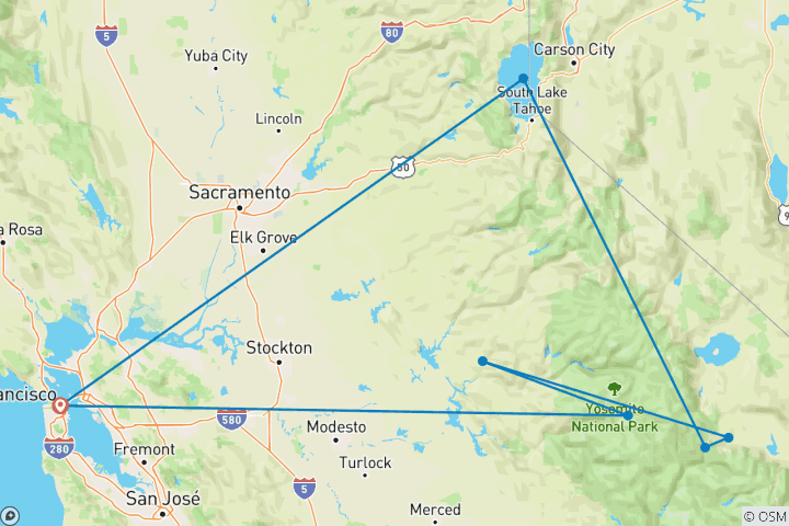 Map of Yosemite & Tahoe Sierras - 4 Days