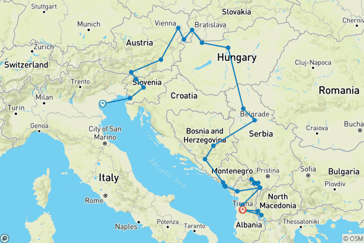 Map of Venice to Tirana: Grand Tour of Central Europe & the Enchanting Balkans