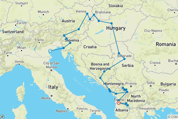 Karte von Venedig nach Tirana; Halbprivate Tour durch Mitteleuropa und den Balkan