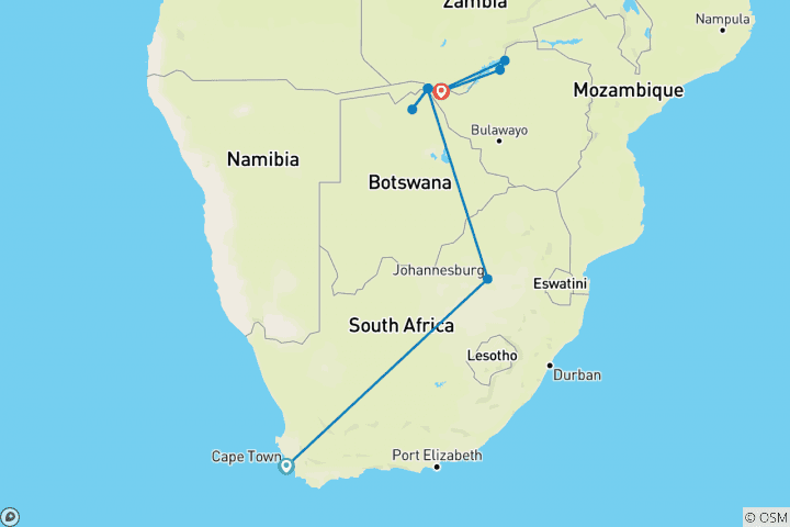 Carte du circuit Afrique australe à bord de l'African Dream : voyage au bout du monde avec séjour prolongé dans la péninsule du Cap - croisière de port à port