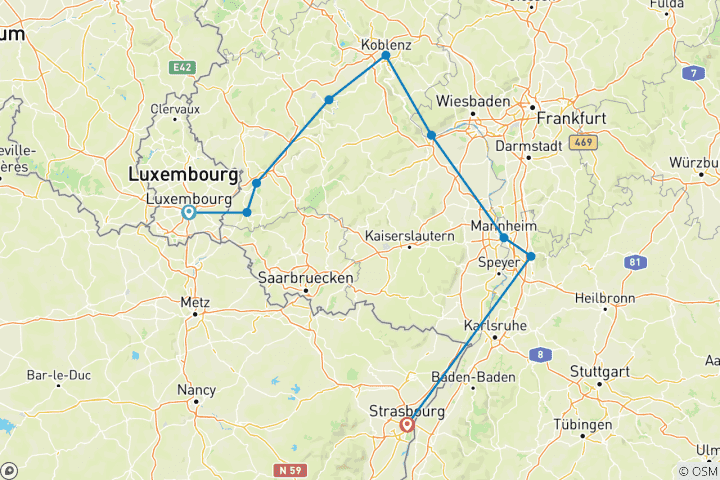 Karte von 4 Flüsse: Mosel, Sarre, romantisches Rhein und Neckar-Tal (Hafen zu Hafen Kreuzfahrt)