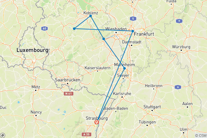 Kaart van Het dal van de romantische Rijn, Moezel & Main - een cruise van haven tot haven