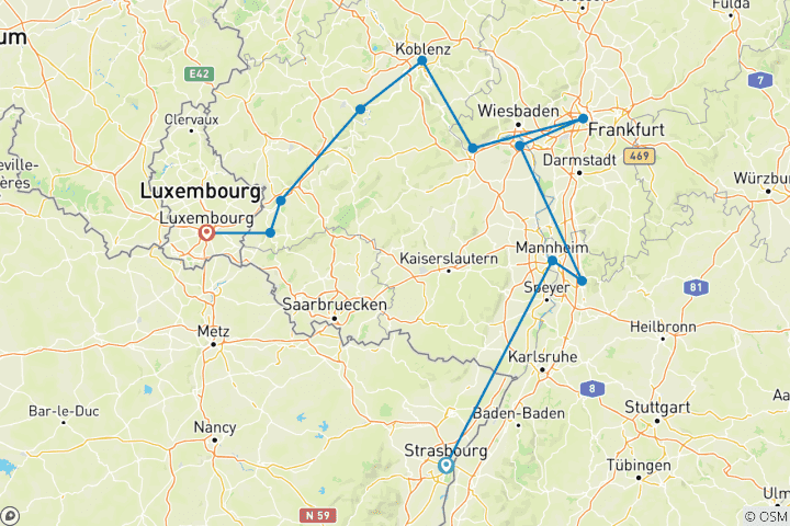 Kaart van 5 verschillende rivieren: Rijn, Neckar, Main, Moezel en Saar (haven tot haven cruise)