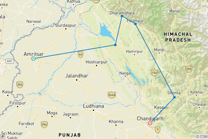 Map of 12 Days Amritsar, Dharamshala, Pragpur, Palampur and Shimla