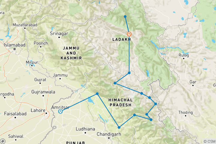 Map of 22 Days - Amritsar, Dharamshala, Shimla, Spiti and Ladakh