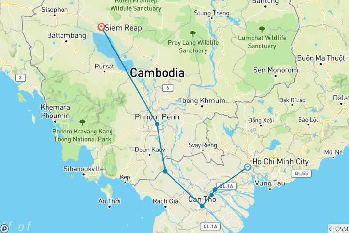 Map of Vietnam Cambodia Overland Family tour from Saigon To Angkor Wat via Mekong Delta