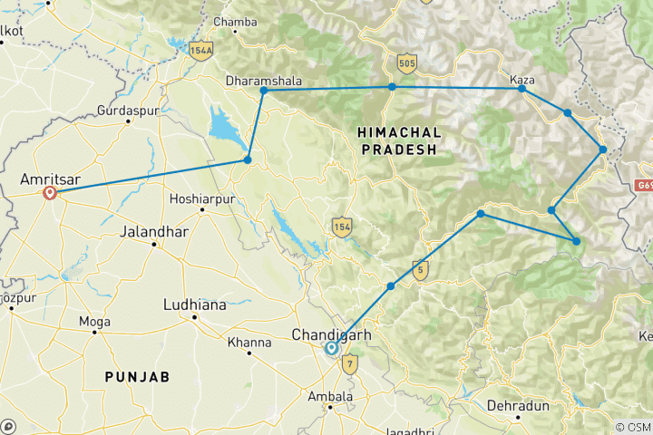 Map of 17 Days Shimla - Spiti - Manali - Dharamshala - Amritsar