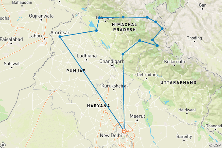 Map of 17 Days Shimla - Spiti - Manali - Dharamshala - Amritsar