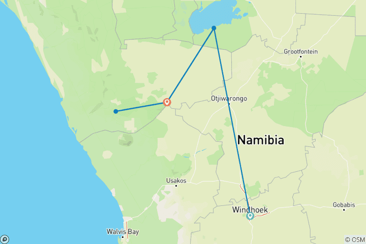 Carte du circuit Nord de la Namibie : Le meilleur du Nord – 5 jours et 4 nuits – Windhoek – Etosha – Damaraland – Windhoek