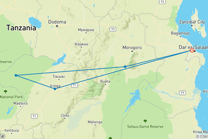 Map of 5 Days 4 Nights Mikumi & Ruaha Wildlife  Lodge Safari