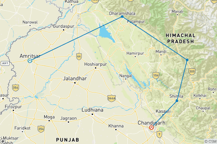 Map of 11 Days Amazing  Seraj with Amritsar, Dharmasala and Shimla