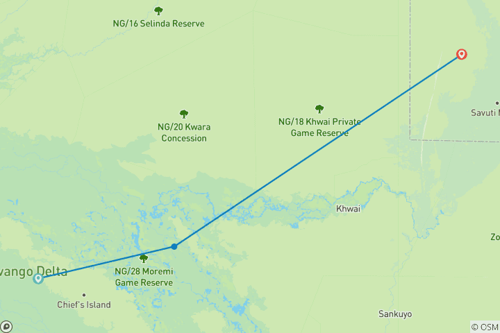 Mapa de Safari de acampada por el delta del Okavango y Khwai: 5 días / 4 noches