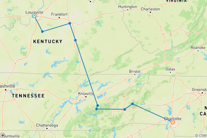 Map of Bluegrass Country & the Smoky Mountains featuring Louisville, Lexington, Gatlinburg & Asheville (Louisville, KY to Asheville, NC) (2026)