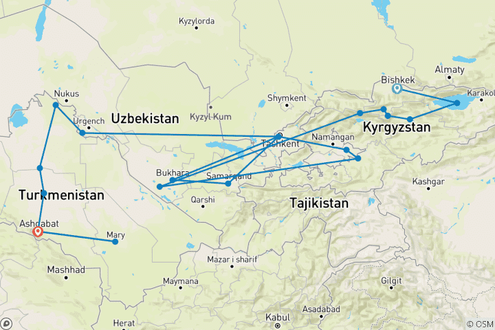 Map of Bishkek to Ashgabat (20 destinations)