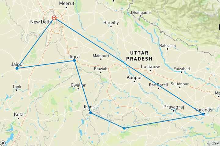 Map of Essence of India with Varanasi, 4 star accommodation