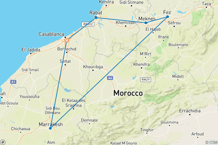 Karte von Marokko Imperial Cities mit dem Zug