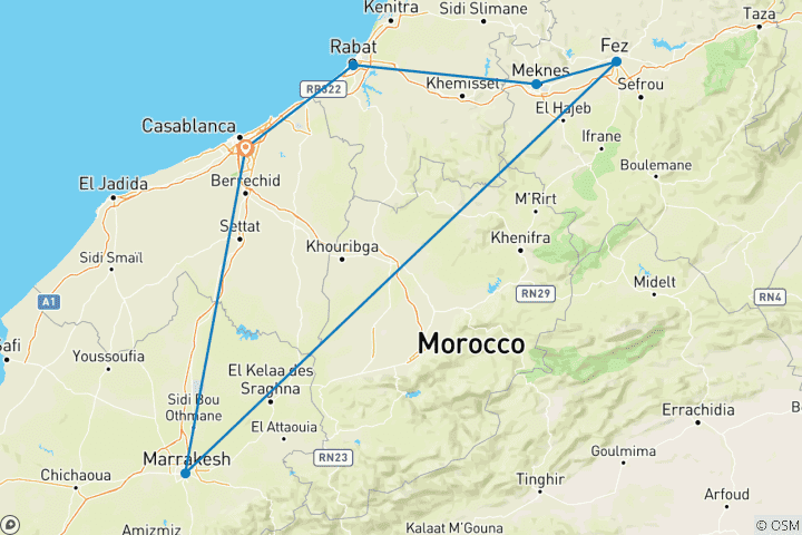 Map of Morocco Imperial Cities Tour by Train