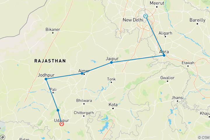 Map of Golden Triangle with Jodhpur and Udaipur