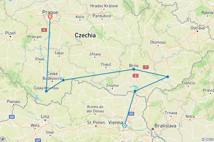 Mapa de De Viena a Praga