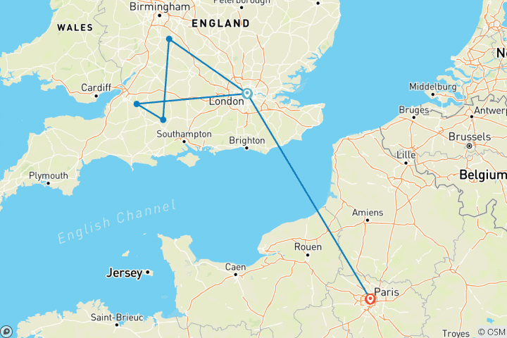 Carte du circuit Londres et la campagne avec Paris