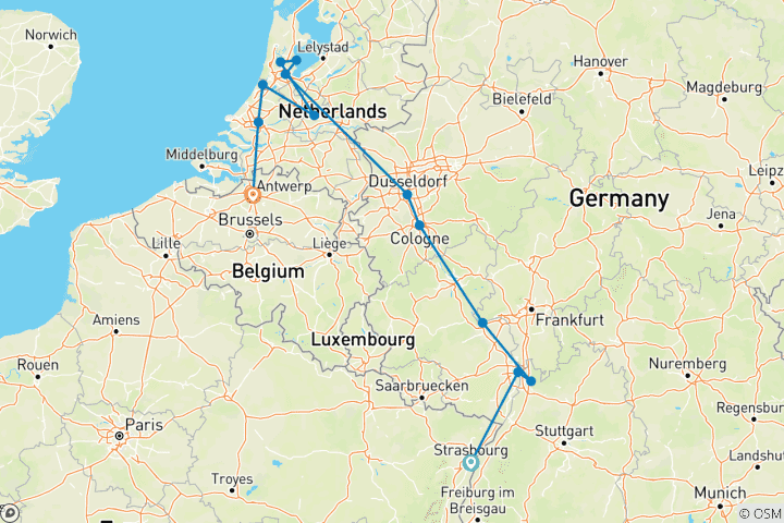 Carte du circuit Croisière sur le Rhin de Strasbourg à Anvers (croisière de port à port)
