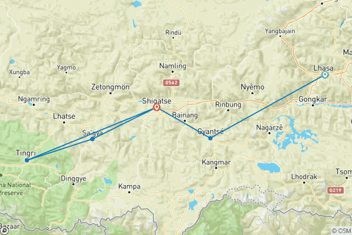 Map of Classic Tibet 8 Days: Lhasa, Gyangtse, Shigatse, Sakya, Everest Base Camp
