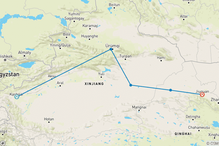 Map of 7-Day Silk Road from Kashgar to Dunhuang, Jiayuguan