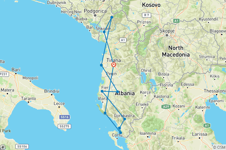 Carte du circuit Voyage en autotour : L'Albanie du nord au sud