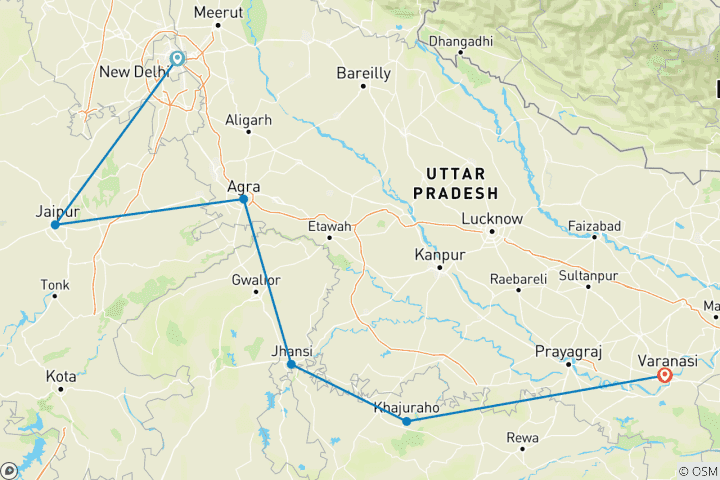 Mapa de Viaje al triángulo de oro con Varanasi y Khajuraho