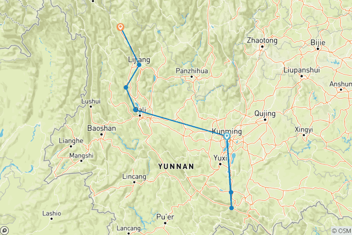 Carte du circuit Les points forts du Yunnan 14D : Kunming, Terre Rouge, Yuanyang, Dali, Lijiang et Shangri- La