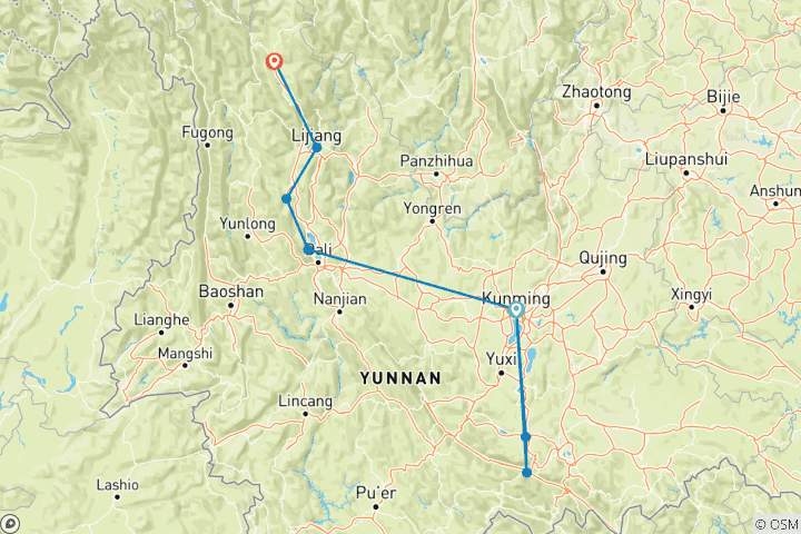Carte du circuit Les points forts du Yunnan 14D : Kunming, Terre Rouge, Yuanyang, Dali, Lijiang et Shangri- La