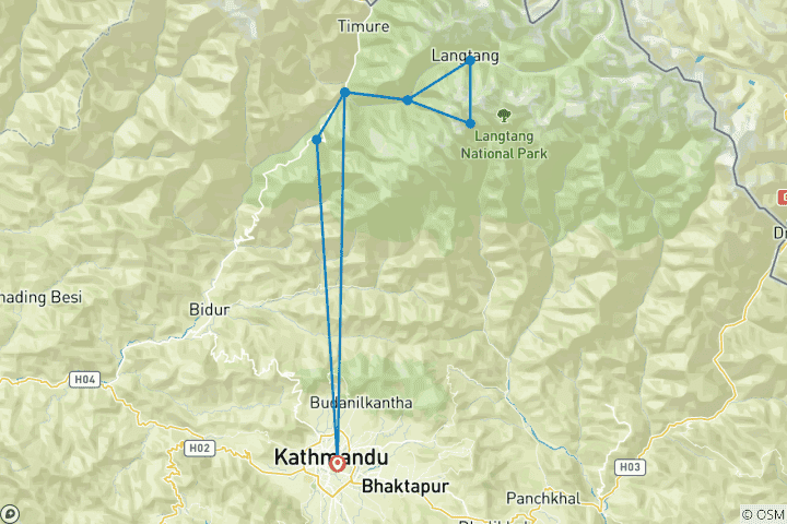 Kaart van Langtang Vallei Trek