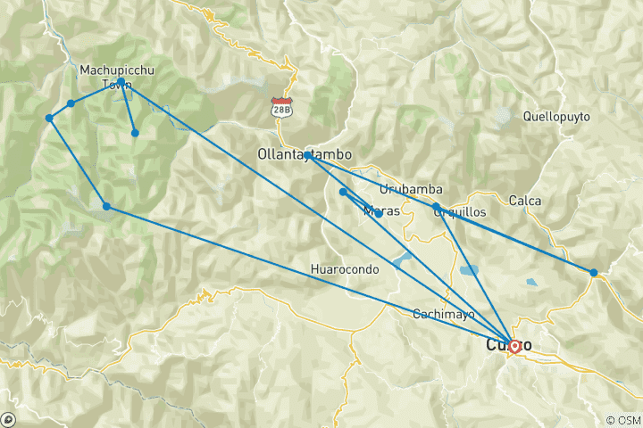 Map of Salkantay Trek to Machu Picchu 8 days 7 nights