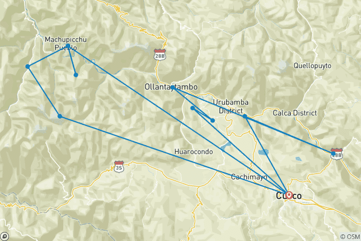 Map of Salkantay Trek to Machu Picchu 8 days