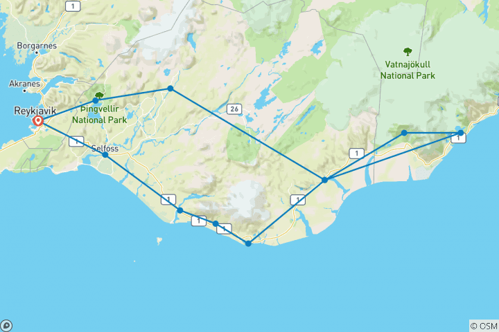 Carte du circuit Les joyaux de l'Islande avec les aurores boréales