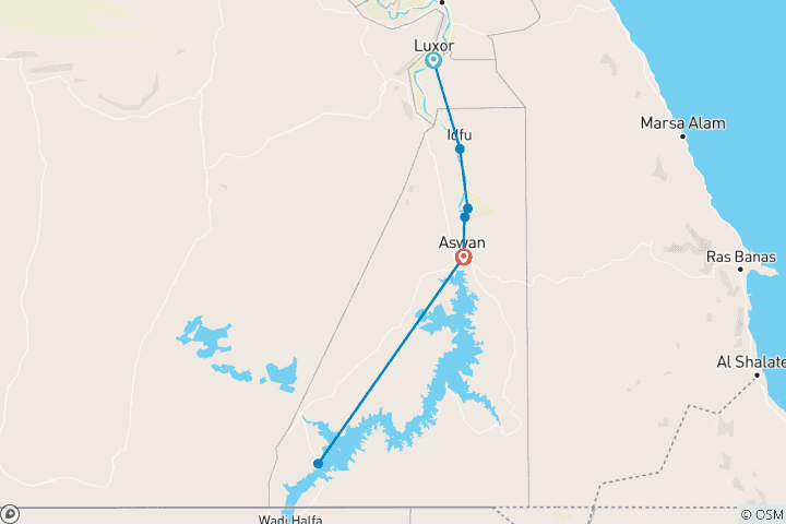 Map of Egypt Dahabiya Nile Cruise and Abu Simbel 7 days tour