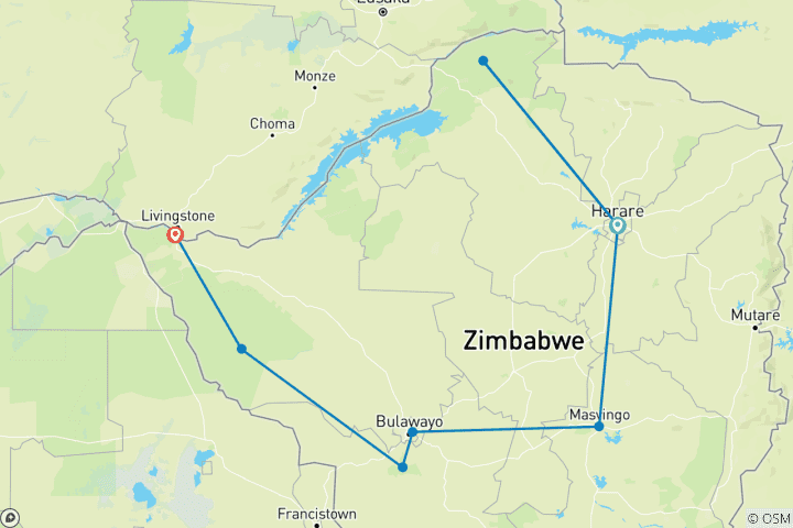 Map of 14 Days Rediscover Zimbabwe Tour