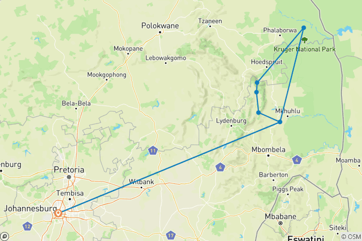 Map of 5-Day Kruger National Park Big 5 Safari & Panorama Route Tour