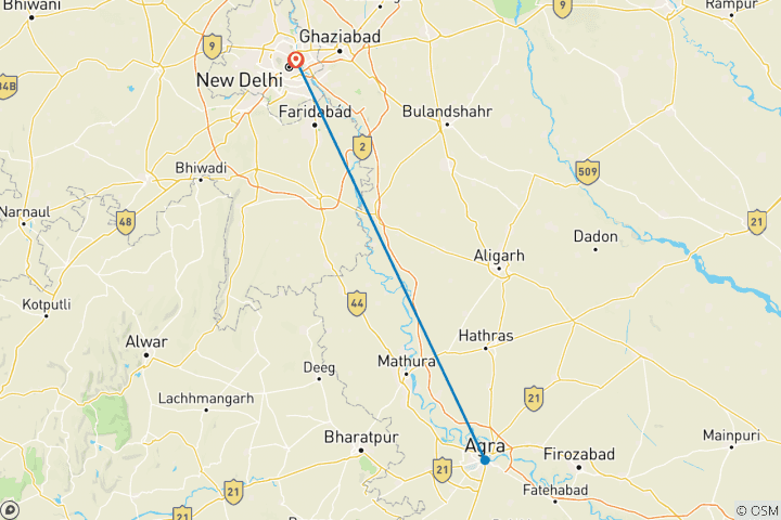 Map of Same Day Taj Mahal Tour From Delhi