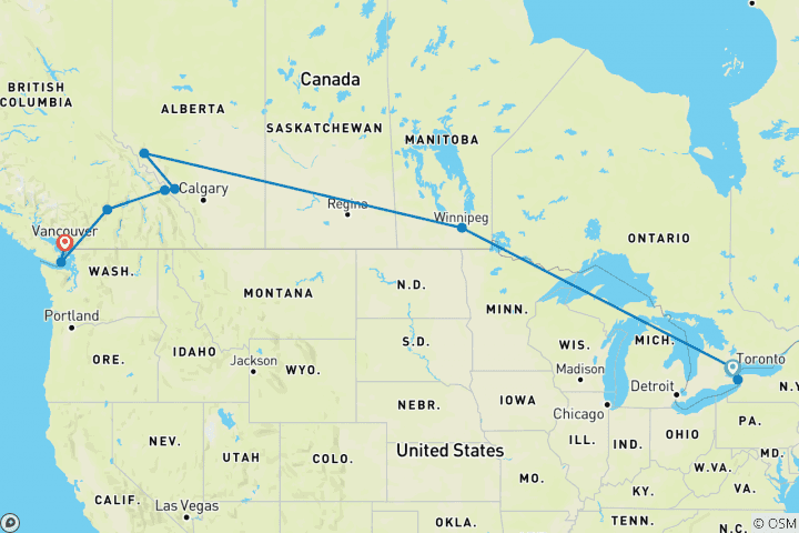 Mapa de Odisea en tren por Canadá