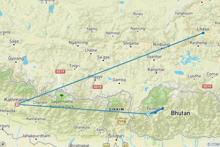 Carte du circuit Bhoutan, Népal et Tibet