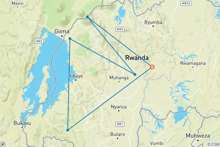 Carte du circuit 8 jours au Rwanda : Nyungwe, lac Kivu et gorilles