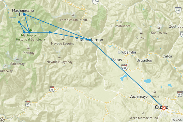 Carte du circuit Machu Picchu : 4 jours de randonnée sur le Chemin de l'Inca & Train Vistadome