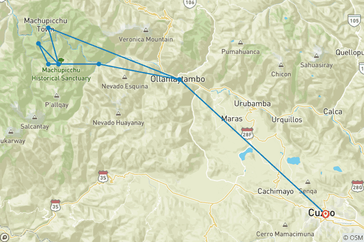Map of Machu Picchu: Inca Trail hike 4 days & Vistadome Train
