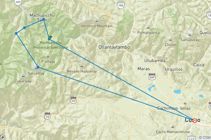Carte du circuit Trek de 5 jours du Salkantay au Machu Picchu : un voyage inoubliable